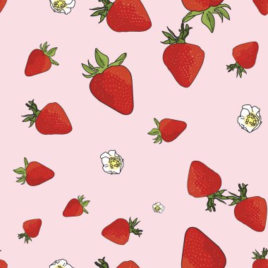 Vektör pastel pembe arka plan çilekleri, böğürtlen çiçekleri, meyveler. Kusursuz desen arkaplanı