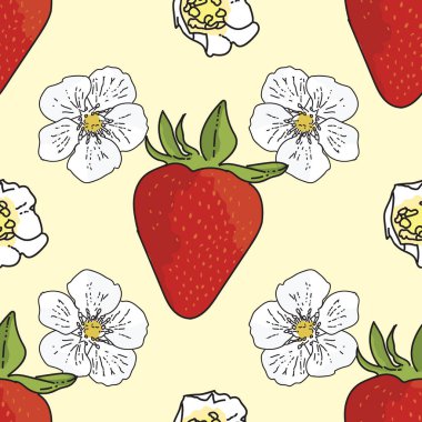 Vektör pastel sarı arka plan çilekleri, böğürtlen çiçekleri, meyveler. Kusursuz desen arkaplanı