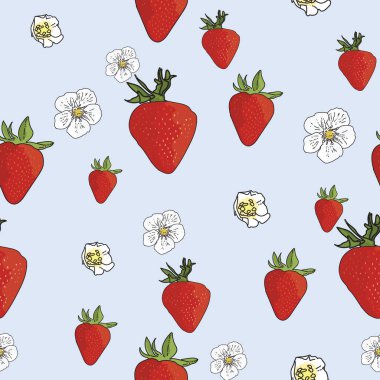 Vektör pastel arka plan çilekleri, böğürtlen çiçekleri, meyveler. Kusursuz desen arkaplanı