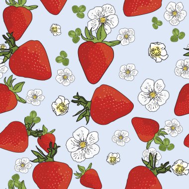 Vektör pastel arka plan çilekleri, böğürtlen çiçekleri, meyveler. Kusursuz desen arkaplanı