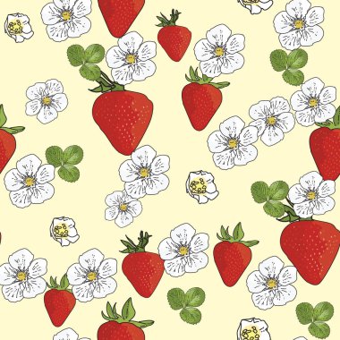 Vektör pastel sarı arka plan çilekleri, böğürtlen çiçekleri, meyveler. Kusursuz desen arkaplanı