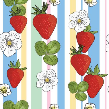 Vektör arka plan çilekleri, çilek çiçekleri, meyveler. Kusursuz desen arkaplanı