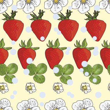 Vektör pastel sarı arka plan çilekleri, böğürtlen çiçekleri, meyveler. Kusursuz desen arkaplanı