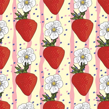 Vektör pastel sarı arka plan çilekleri, böğürtlen çiçekleri, meyveler. Kusursuz desen arkaplanı