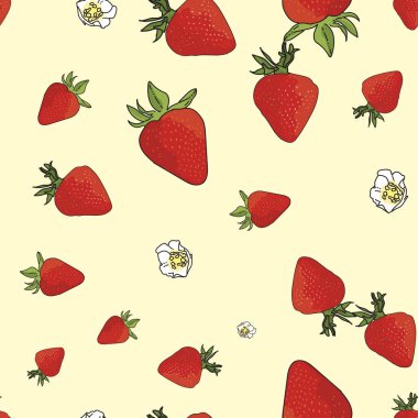 Vektör pastel sarı arka plan çilekleri, böğürtlen çiçekleri, meyveler. Kusursuz desen arkaplanı