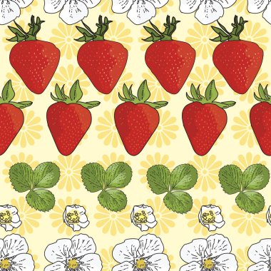 Vektör pastel sarı arka plan çilekleri, böğürtlen çiçekleri, meyveler. Kusursuz desen arkaplanı