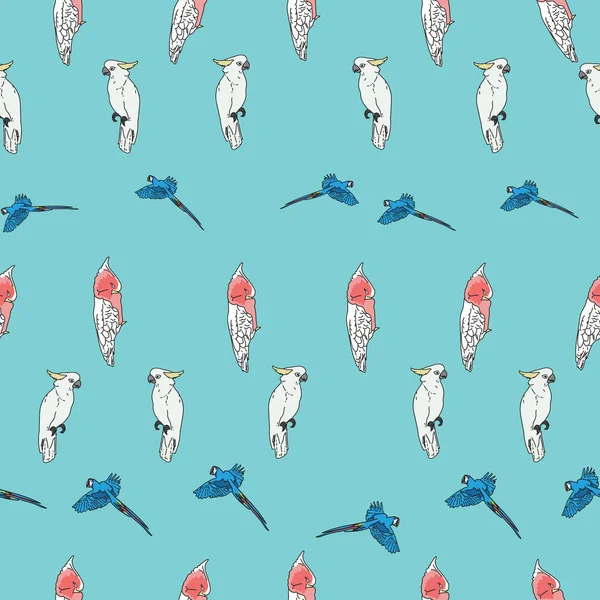 Vektor blå bakgrund tropiska fåglar, papegojor, makaw, exotiska cockatoo fåglar. Sömlös mönster bakgrund — Stock vektor
