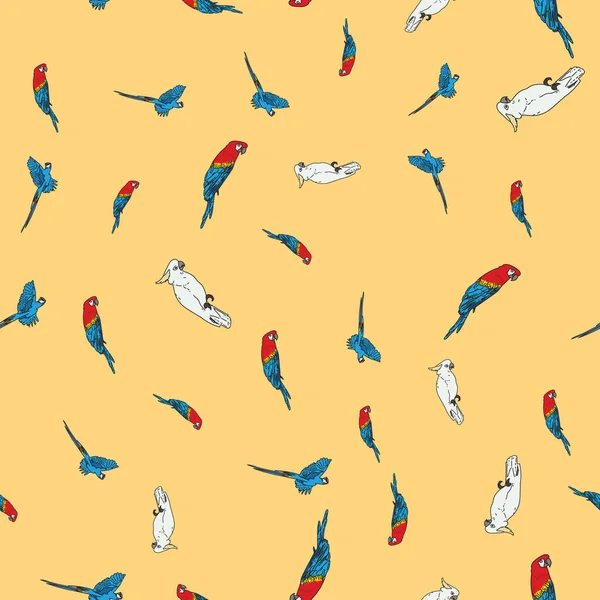 Vektor orange bakgrund tropiska fåglar, papegojor, makaw, exotiska cockatoo fåglar. Sömlös mönster bakgrund — Stock vektor