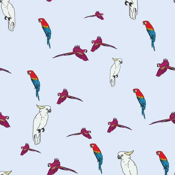 Vektor blå bakgrund tropiska fåglar, papegojor, makaw, exotiska cockatoo fåglar. Sömlös mönster bakgrund — Stock vektor