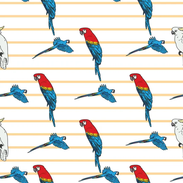Vektor vit bakgrund tropiska fåglar, papegojor, makaw, exotiska cockatoo fåglar. Sömlös mönster bakgrund — Stock vektor