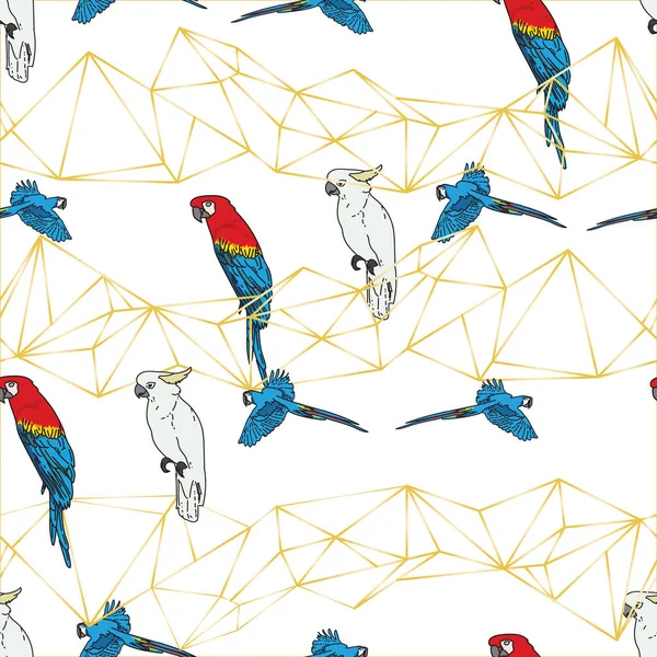 Vektor vit bakgrund tropiska fåglar, papegojor, makaw, exotiska cockatoo fåglar. Sömlös mönster bakgrund — Stock vektor