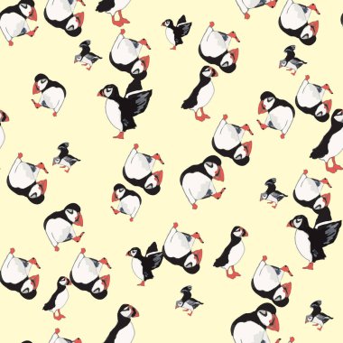 Vektör sarı arka plan okyanus deniz kuşu, kutup kuşları, martılar. Kusursuz desen arkaplanı