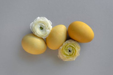 Gri arkaplanda üç sarı yumurta ve çiçek var..