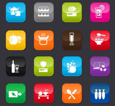 Ağ simgeleri için yemek ve mutfak sembolü. Koyu arkaplanda renkli düğmeler