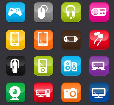 Kullanıcı arayüzü tasarımı için Gadget vektör simgeleri. Koyu arkaplanda renkli düğmeler