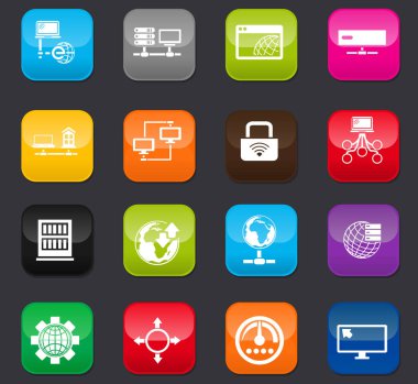 Kullanıcı arayüzü tasarımı için sunucu web simgeleri. Koyu arkaplanda renkli düğmeler