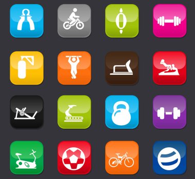 Spor ekipmanı simgeleri dizaynınız için ayarlandı. Koyu arkaplanda renkli düğmeler