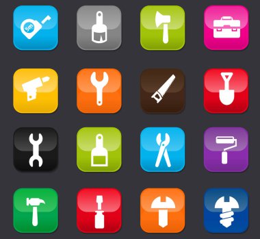 Kullanıcı arayüzü tasarımı için çalışma araçları vektör simgeleri. Koyu arkaplanda renkli düğmeler