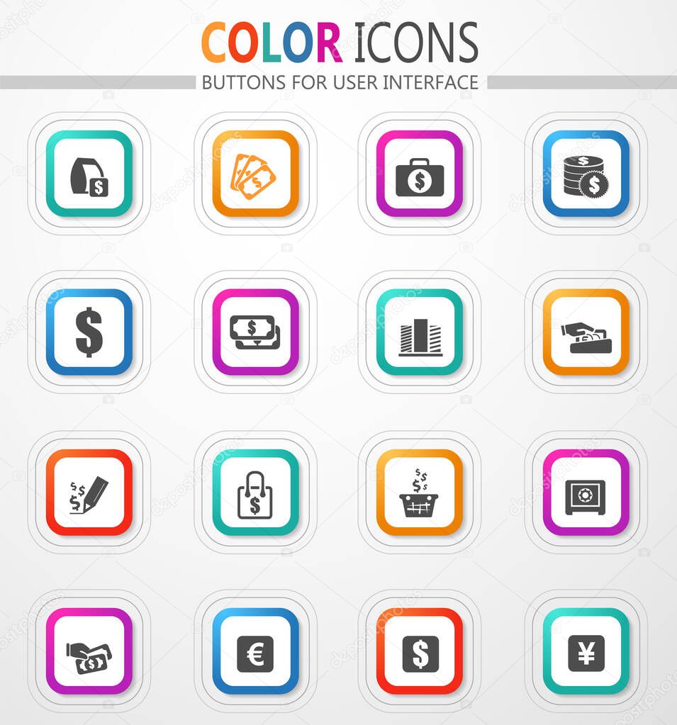 E-commerce vector flat button icons with colored outline and shadow
