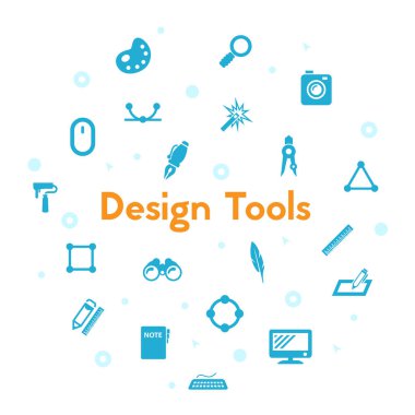 Beyaz arkaplanda tasarım araçları simgeleri ayarlandı. Tarım araçları ve organik gıda vektörü piktogramları.