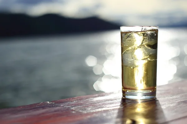 Склянка алкоголю з льодом біля річки — стокове фото
