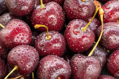 Yemek arkaplanı, vişne arka planı, su damlalı kirazlar, kapat