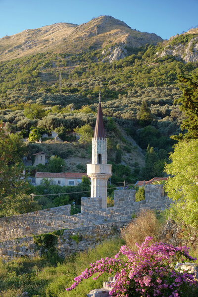 Minaret and Rumija Mountain in Stari Bar, Montenegro