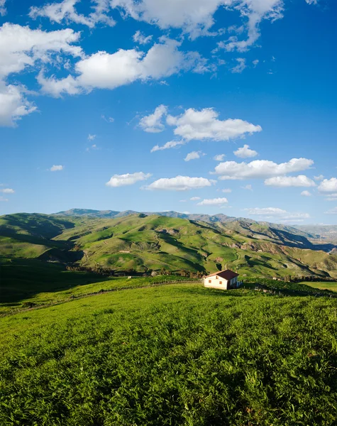 Casa in verde valle e paesaggio nuvoloso — Foto Stock