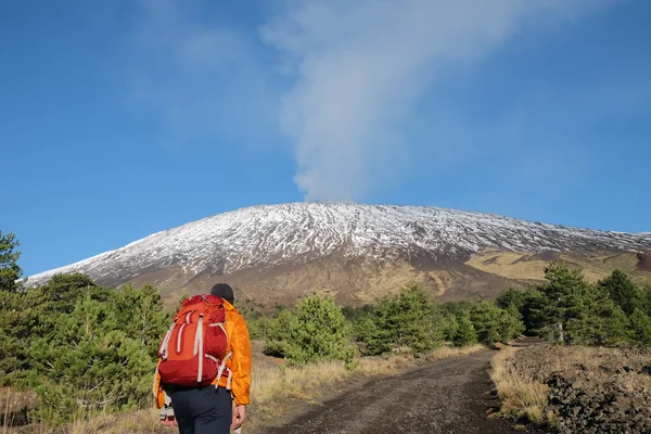 Hiker On Volcano Etna Park, Sicily — Stock Photo, Image