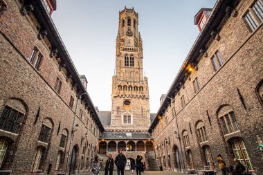 Brugge, Belgium; January 23th 2020: Market square tower