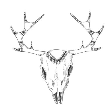 Yerli süs ile elle çizilmiş geyik kafatası