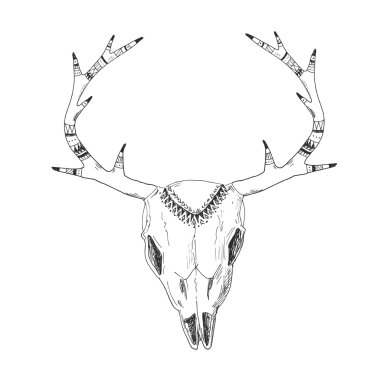 Yerli süs ile elle çizilmiş geyik kafatası