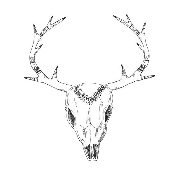 Calavera de ciervo dibujada a mano con adorno nativo — Vector de stock