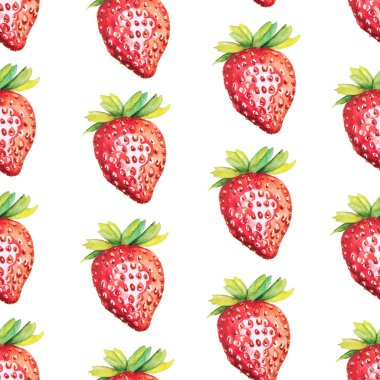 Elle boyanmış suluboya çilekli kusursuz desen. Yaz bahçesinden esinlenilmiş. Renkli meyve arkaplanı kumaş tekstil, tatlı meyve menüsü veya dijital yapıştırma defteri için mükemmeldir