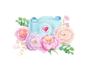 Çiçekler ile suluboya fotoğraf makinesi ayarlayın. El boyalı fotoğraf klip sanat logo tasarım ve DIY proje için mükemmel.