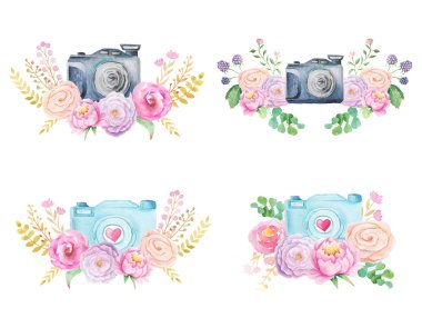 Çiçekler ile suluboya fotoğraf makinesi ayarlayın. El boyalı fotoğraf klip sanat logo tasarım ve DIY proje için mükemmel.