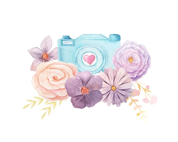 Conjunto Câmera Foto Aquarela Com Flores Arte Clipe Foto Pintada — Fotografia de Stock