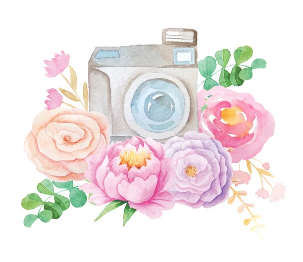 Set of watercolor photo camera with flowers. Hand painted photo clip art perfect for logo design and DIY project.