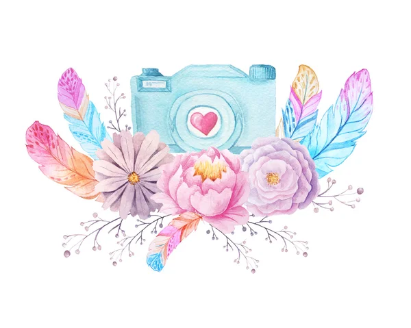 Set Aquarell Fotokamera Mit Blumen Und Federn Boho Stil Handbemalte — Stockfoto