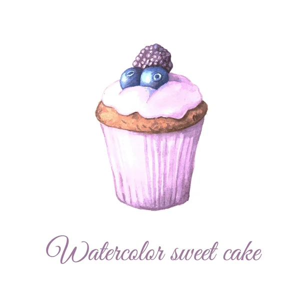 수채화 베리와 크림달콤하고 맛있는 케이크를 그렸다 디저트는 초대장 조리법에 사용할 — 스톡 사진