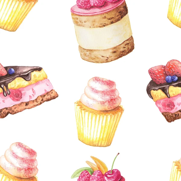라즈베리 열매가있는 달콤하고 맛있는 케이크를 수채화 손으로 매끄러운 패턴으로 칠했습니다 — 스톡 사진