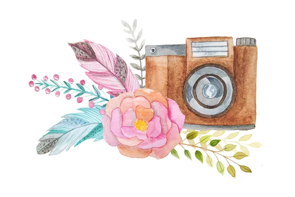 Set Von Aquarell Fotokamera Mit Blumen Handbemalte Foto Clip Art — Stockfoto