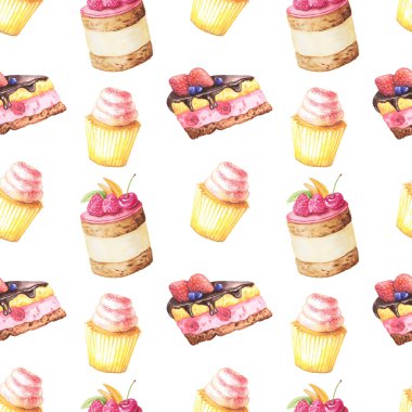 Suluboya el ile Dikişsiz desen ahududu, kiraz ve üzerinde diğer çilek ile tatlı ve lezzetli kek boyalı. El boyalı meyve tatlı arka plan kumaş Tekstil veya menü duvar kağıdı için mükemmel