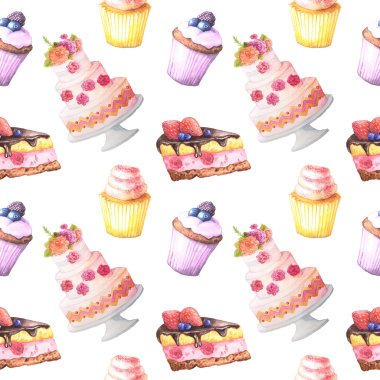 Suluboya el ile Dikişsiz desen ahududu, kiraz ve üzerinde diğer çilek ile tatlı ve lezzetli kek boyalı. El boyalı meyve tatlı arka plan kumaş Tekstil veya menü duvar kağıdı için mükemmel