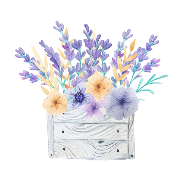 Ručně Malovaná Akvarel Šedé Dřevěné Bedně Provence Rustikální Květinové Krabička — Stock fotografie