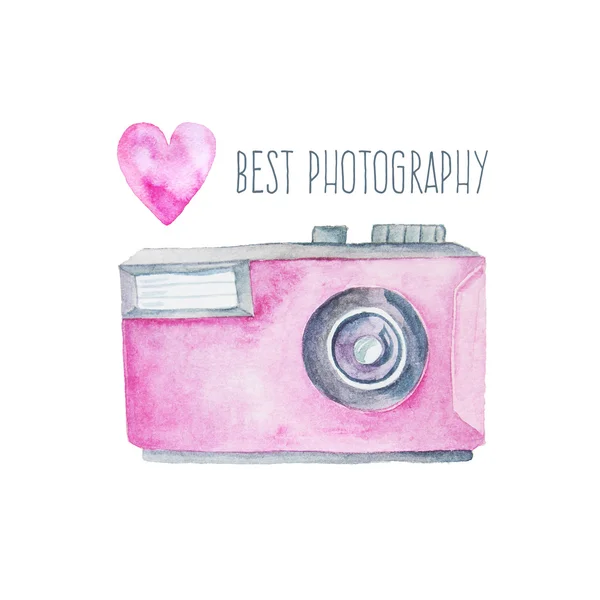 粉红色水彩摄影相机与心脏的插图 手绘照片剪贴画完美的标志设计和Diy项目 — 图库照片