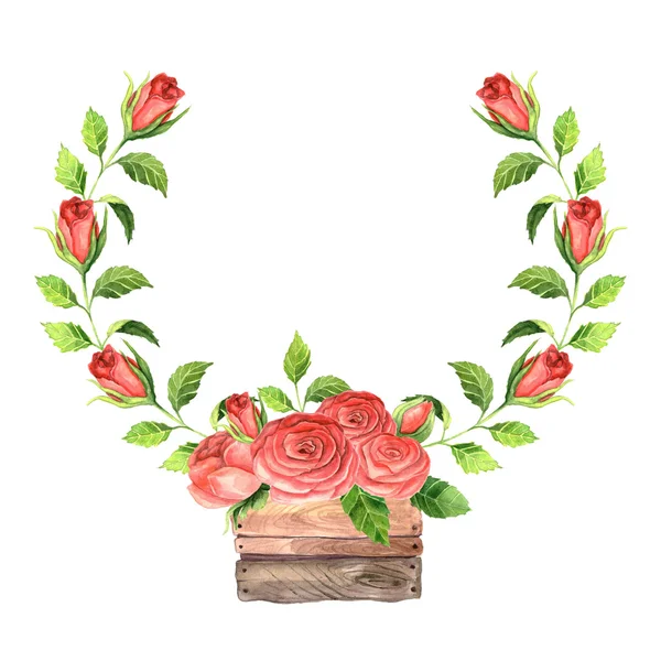 Watercolor frame with rose flowers and leaves — Stock Photo, Image