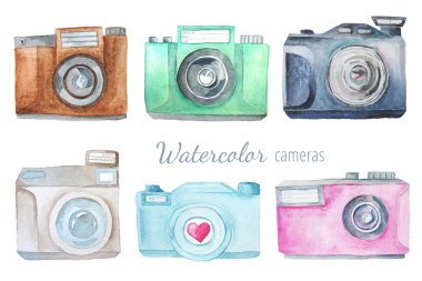 Suluboya fotoğraf makinesi seti. El boyalı fotoğraf klip sanat Lodo tasarım ve DIY proje için mükemmel.