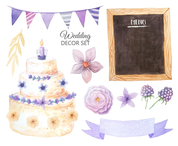 Aquarela Rústica Decoração Casamento Estilo Provence Definido Cores Violeta Pastel — Fotografia de Stock