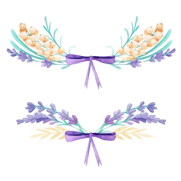 Akvarell Lavendel Krans Med Band Handmålade Provensalska Örter Isolerade Vit — Stockfoto